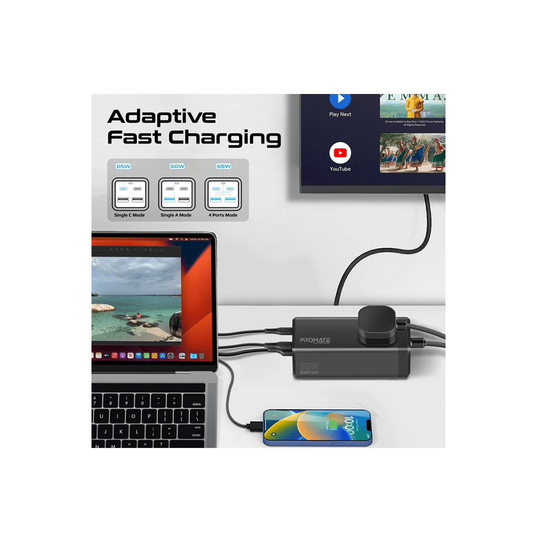 Promate PowerBrix-GaN65 65W GaNFast™ Multi-Port Power Strip with Universal AC Socket in Qatar Promate PowerBrix-GaN65 65W GaNFast™ Multi-Port Power Strip with Universal AC Socket in Qatar